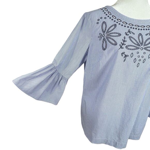 Talbots Embroidered Striped Boho Top Blue White Bell Sleeve Women’s Large EUC - Picture 7 of 16